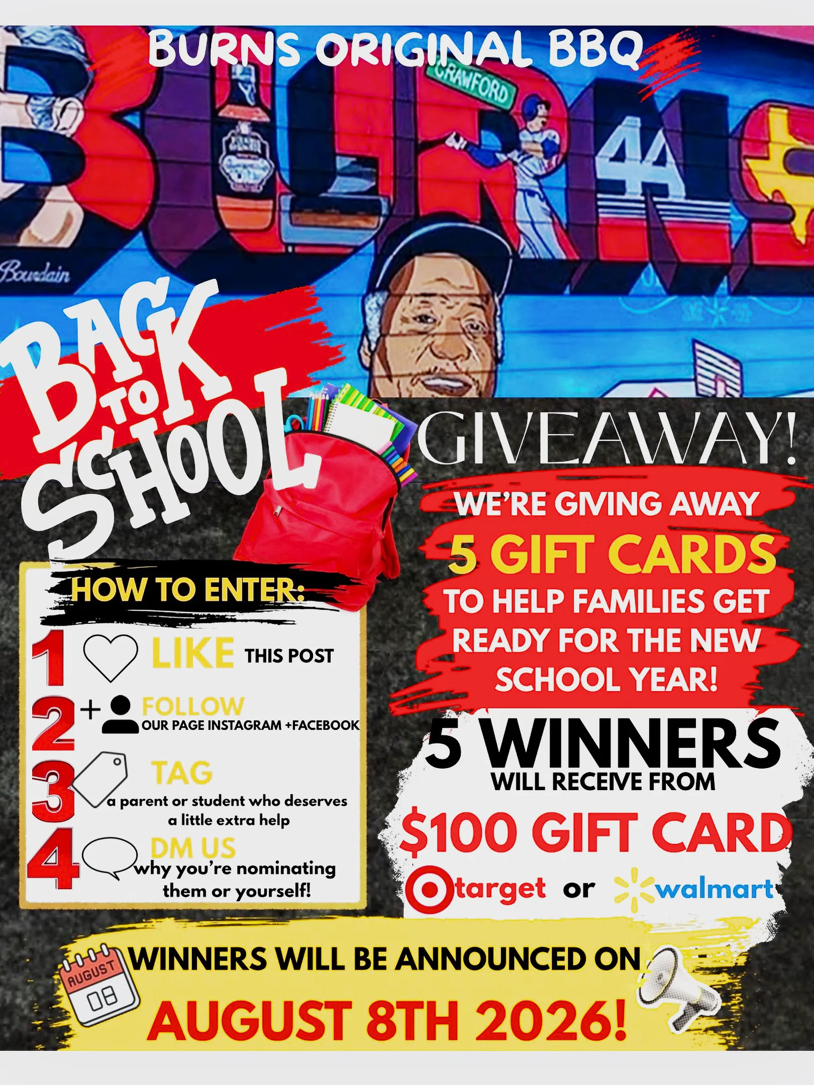 BURNS ORIGINAL BBQ BACK-TO-SCHOOL GIVEAWAY!