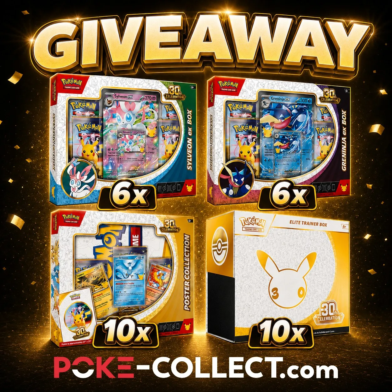 10 Elite Trainer Boxes; 10 Poster Collections; 6 Sylveon Ex Boxes; And 6 Greninja Ex Boxes (arv $864) Giveaway