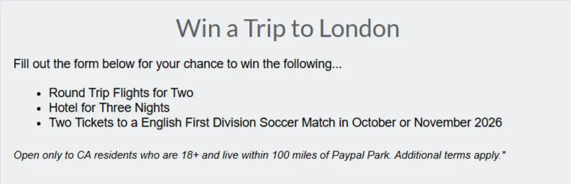 San Jose Earthquakes Trip to London Sweepstakes